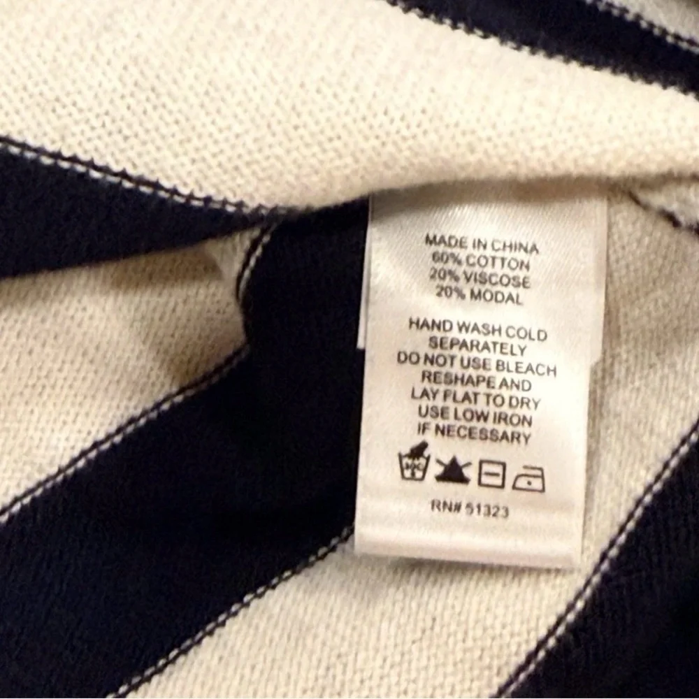 CeCe Navy Stripe Crewneck Sweater 3/4 Gathered Cuff Cotton Pullover L